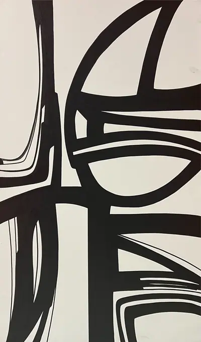 Canvas: broad flat black arcs, uprights and ribbons on white, forms cropping hard at the edges.
