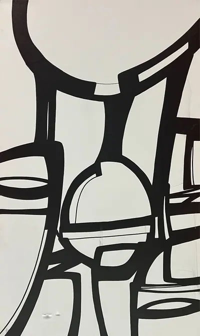 Canvas: broad flat black arcs, uprights and ribbons on white, forms cropping hard at the edges.