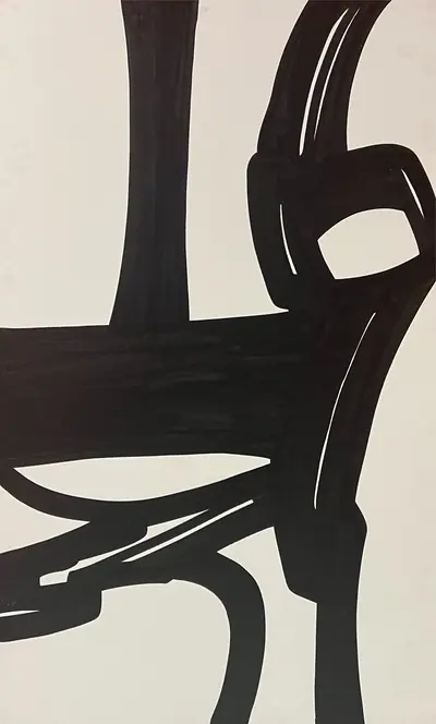 Canvas: broad flat black arcs, uprights and ribbons on white, forms cropping hard at the edges.