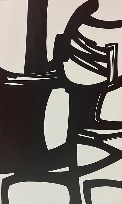 Canvas: broad flat black arcs, uprights and ribbons on white, forms cropping hard at the edges.