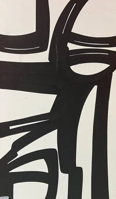 Canvas: broad flat black arcs, uprights and ribbons on white, forms cropping hard at the edges.