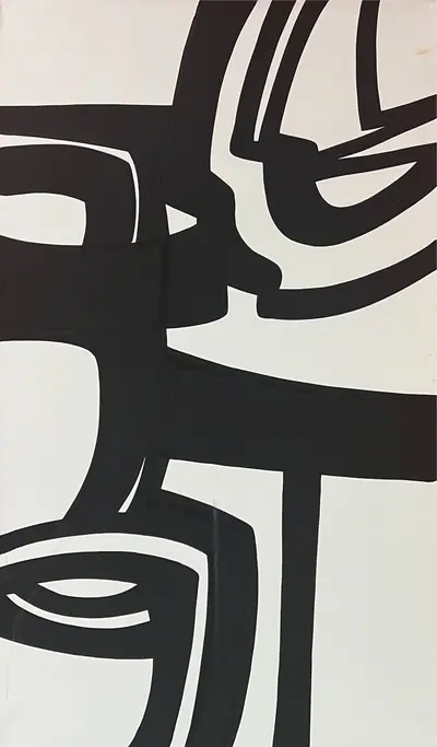 Canvas: broad flat black arcs, uprights and ribbons on white, forms cropping hard at the edges.
