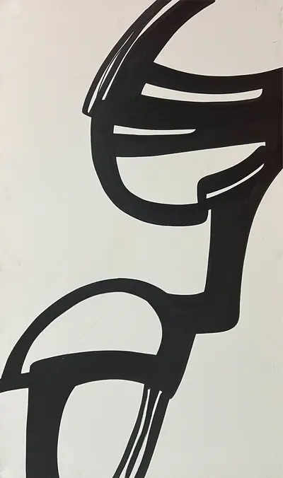 Canvas: broad flat black arcs, uprights and ribbons on white, forms cropping hard at the edges.