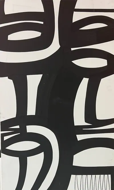 Canvas: broad flat black arcs, uprights and ribbons on white, forms cropping hard at the edges.