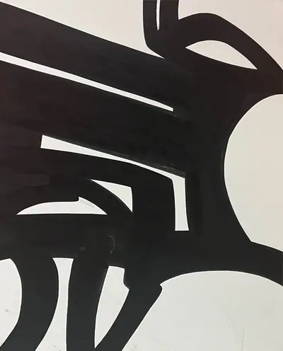 Canvas: broad flat black arcs, uprights and ribbons on white, forms cropping hard at the edges.