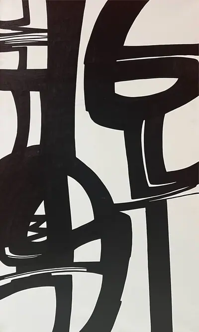 Canvas: broad flat black arcs, uprights and ribbons on white, forms cropping hard at the edges.