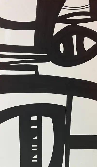 Canvas: broad flat black arcs, uprights and ribbons on white, forms cropping hard at the edges.