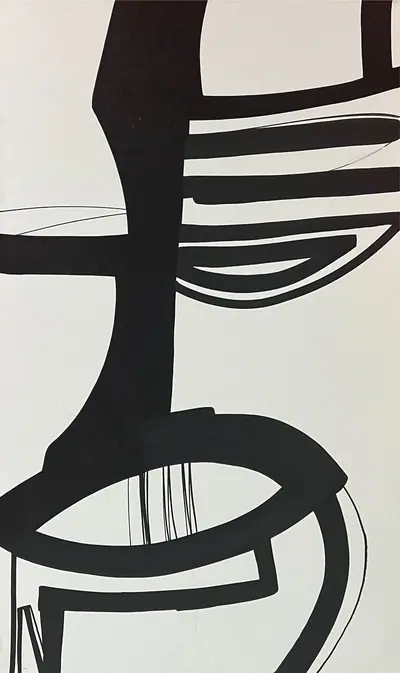 Canvas: broad flat black arcs, uprights and ribbons on white, forms cropping hard at the edges.