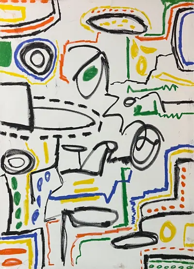 Canvas: white ground divided into compartments by thick black outlines and filled with flat cobalt, yellow, red-orange and teal signs.