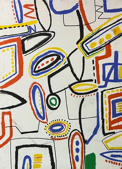 Canvas: white ground divided into compartments by thick black outlines and filled with flat cobalt, yellow, red-orange and teal signs.