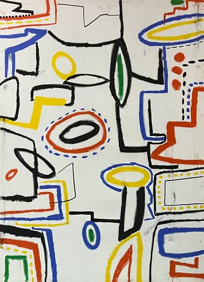 Canvas: white ground divided into compartments by thick black outlines and filled with flat cobalt, yellow, red-orange and teal signs.