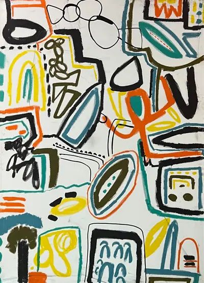 Canvas: white ground divided into compartments by thick black outlines and filled with flat cobalt, yellow, red-orange and teal signs.