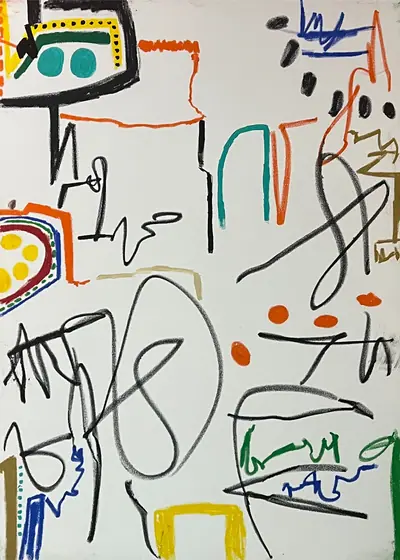 Canvas: white ground divided into compartments by thick black outlines and filled with flat cobalt, yellow, red-orange and teal signs.