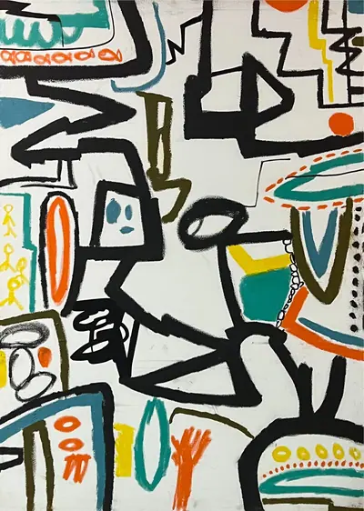 Canvas: white ground divided into compartments by thick black outlines and filled with flat cobalt, yellow, red-orange and teal signs.
