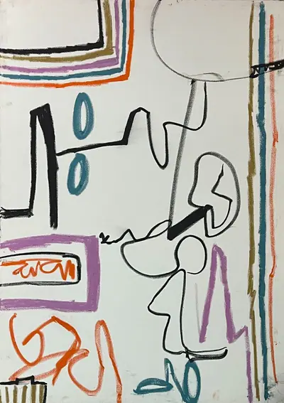 Canvas: white ground divided into compartments by thick black outlines and filled with flat cobalt, yellow, red-orange and teal signs.