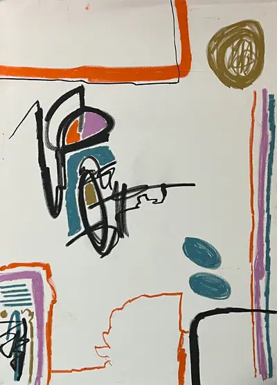 Canvas: white ground divided into compartments by thick black outlines and filled with flat cobalt, yellow, red-orange and teal signs.