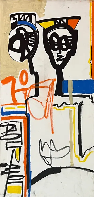 Canvas: white ground divided into compartments by thick black outlines and filled with flat cobalt, yellow, red-orange and teal signs.