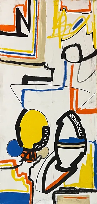 Canvas: white ground divided into compartments by thick black outlines and filled with flat cobalt, yellow, red-orange and teal signs.