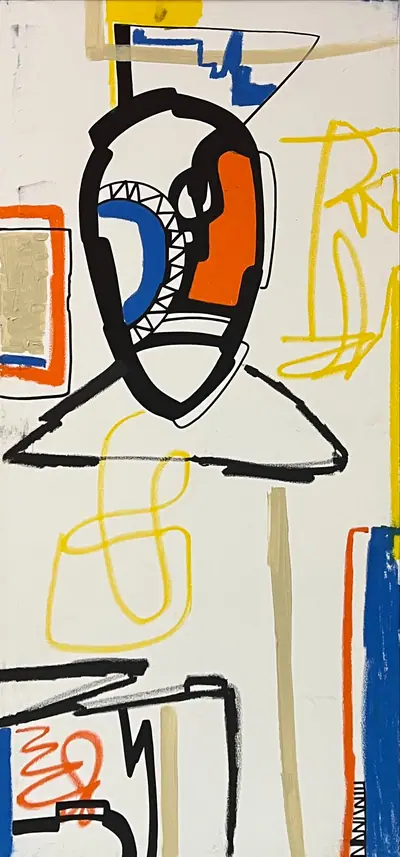 Canvas: white ground divided into compartments by thick black outlines and filled with flat cobalt, yellow, red-orange and teal signs.