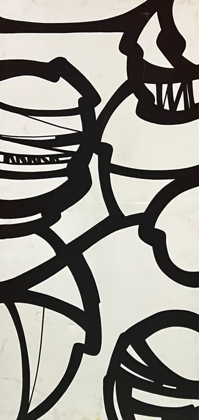 Canvas: broad flat black arcs, uprights and ribbons on white, forms cropping hard at the edges.