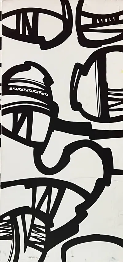 Canvas: broad flat black arcs, uprights and ribbons on white, forms cropping hard at the edges.