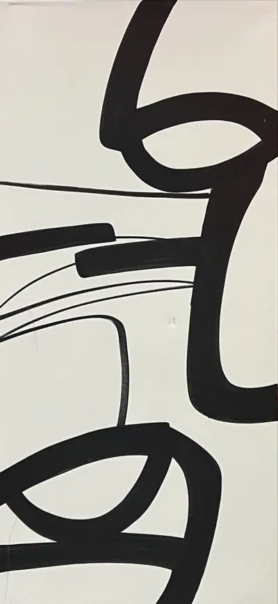 Canvas: broad flat black arcs, uprights and ribbons on white, forms cropping hard at the edges.