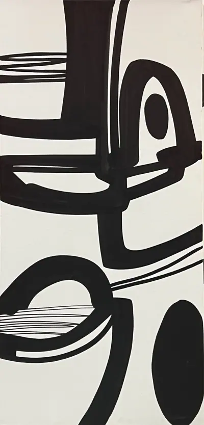 Canvas: broad flat black arcs, uprights and ribbons on white, forms cropping hard at the edges.