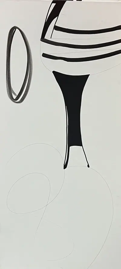 Canvas: broad flat black arcs, uprights and ribbons on white, forms cropping hard at the edges.