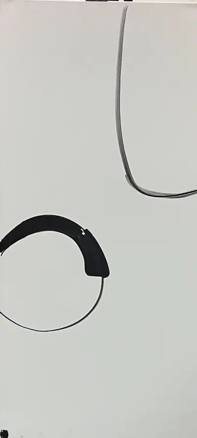 Canvas: pale grey gestural forms on white at very low contrast, the composition found rather than read.