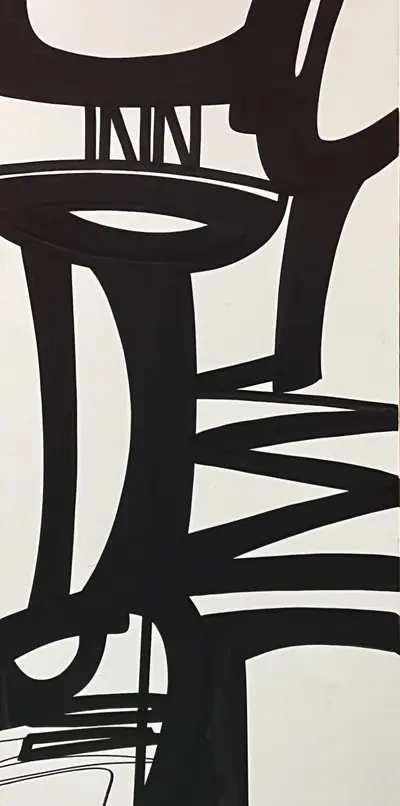 Canvas: broad flat black arcs, uprights and ribbons on white, forms cropping hard at the edges.