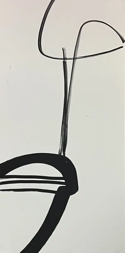 Canvas: broad flat black arcs, uprights and ribbons on white, forms cropping hard at the edges.