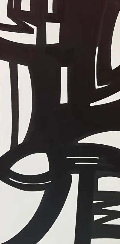 Canvas: broad flat black arcs, uprights and ribbons on white, forms cropping hard at the edges.