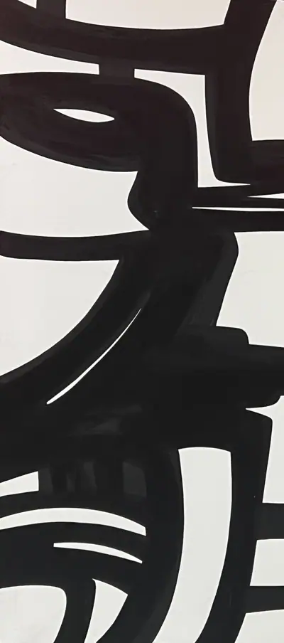 Canvas: broad flat black arcs, uprights and ribbons on white, forms cropping hard at the edges.