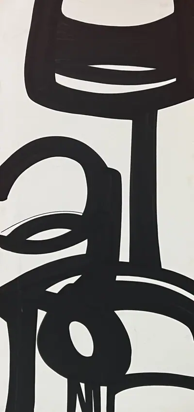 Canvas: broad flat black arcs, uprights and ribbons on white, forms cropping hard at the edges.
