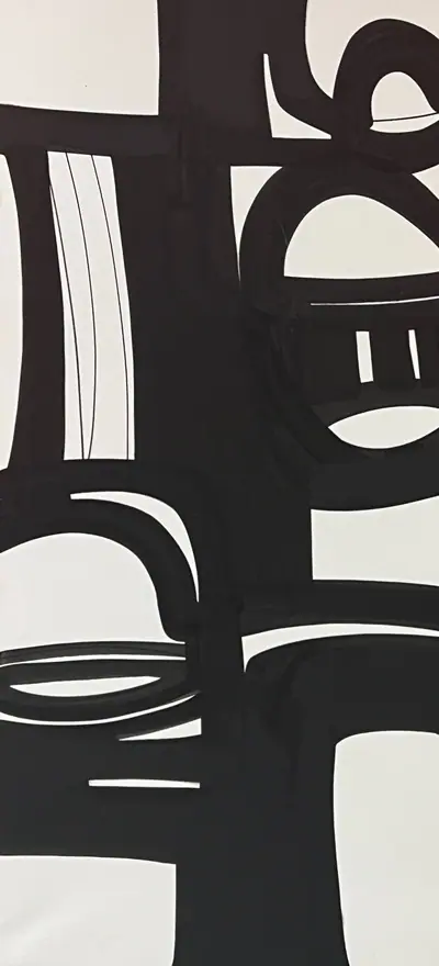 Canvas: broad flat black arcs, uprights and ribbons on white, forms cropping hard at the edges.