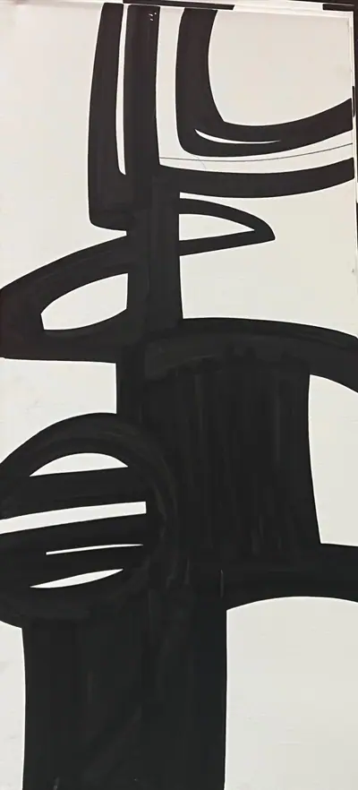 Canvas: broad flat black arcs, uprights and ribbons on white, forms cropping hard at the edges.