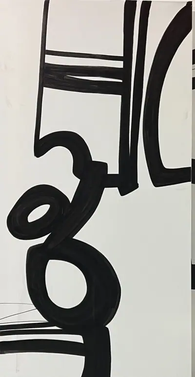 Canvas: broad flat black arcs, uprights and ribbons on white, forms cropping hard at the edges.