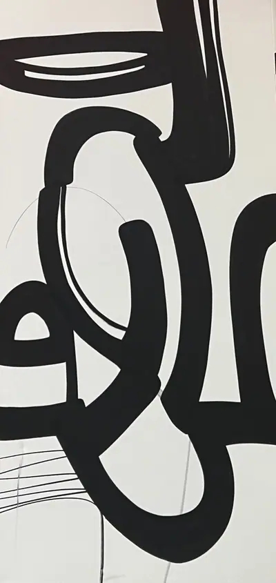 Canvas: broad flat black arcs, uprights and ribbons on white, forms cropping hard at the edges.