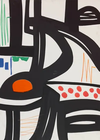Canvas: white ground divided into compartments by thick black outlines and filled with flat cobalt, yellow, red-orange and teal signs.