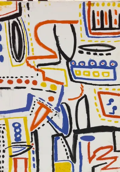 Canvas: white ground divided into compartments by thick black outlines and filled with flat cobalt, yellow, red-orange and teal signs.