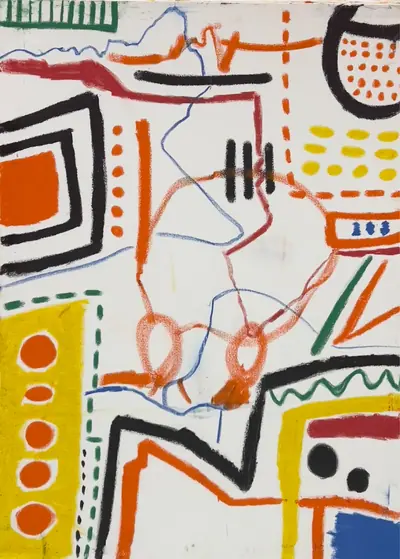 Canvas: white ground divided into compartments by thick black outlines and filled with flat cobalt, yellow, red-orange and teal signs.