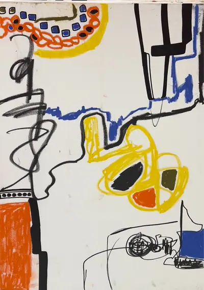 Canvas: white ground divided into compartments by thick black outlines and filled with flat cobalt, yellow, red-orange and teal signs.
