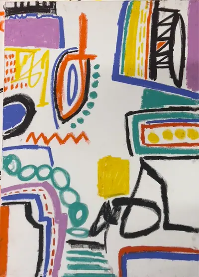 Canvas: white ground divided into compartments by thick black outlines and filled with flat cobalt, yellow, red-orange and teal signs.