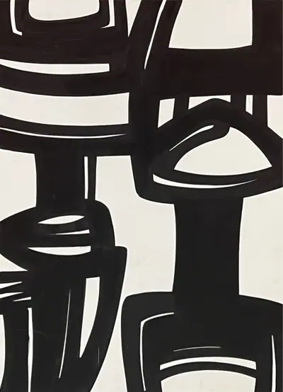 Canvas: broad flat black arcs, uprights and ribbons on white, forms cropping hard at the edges.