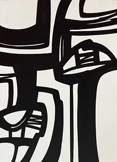 Canvas: broad flat black arcs, uprights and ribbons on white, forms cropping hard at the edges.