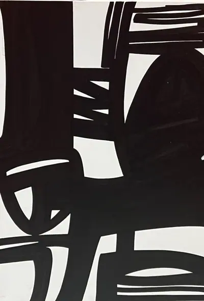 Canvas: broad flat black arcs, uprights and ribbons on white, forms cropping hard at the edges.