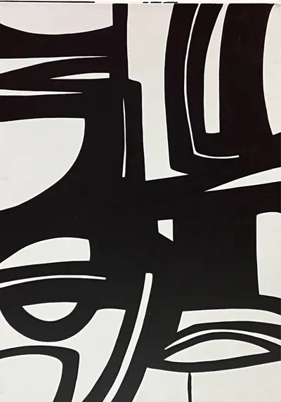 Canvas: broad flat black arcs, uprights and ribbons on white, forms cropping hard at the edges.