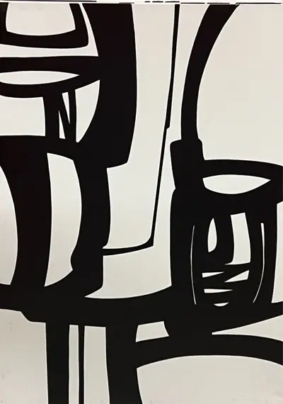 Canvas: broad flat black arcs, uprights and ribbons on white, forms cropping hard at the edges.