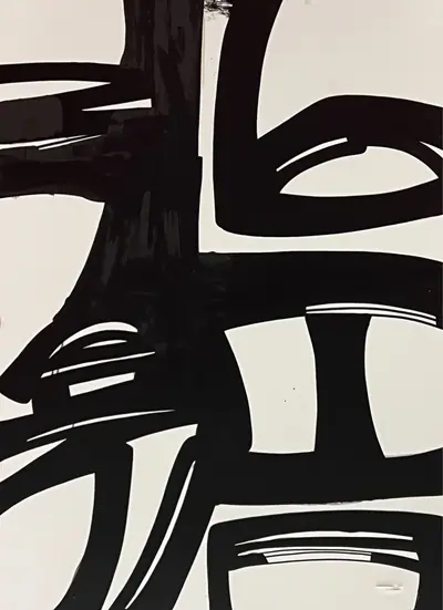 Canvas: broad flat black arcs, uprights and ribbons on white, forms cropping hard at the edges.
