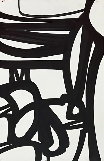 Canvas: broad flat black arcs, uprights and ribbons on white, forms cropping hard at the edges.